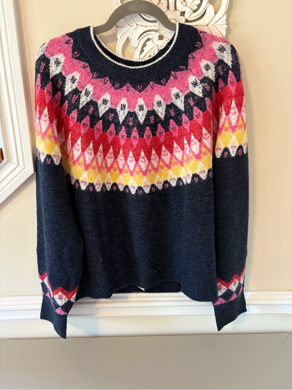 Esprit Navy Fair Isle Crewneck Sweater with Pink, Red and Yellow Accents